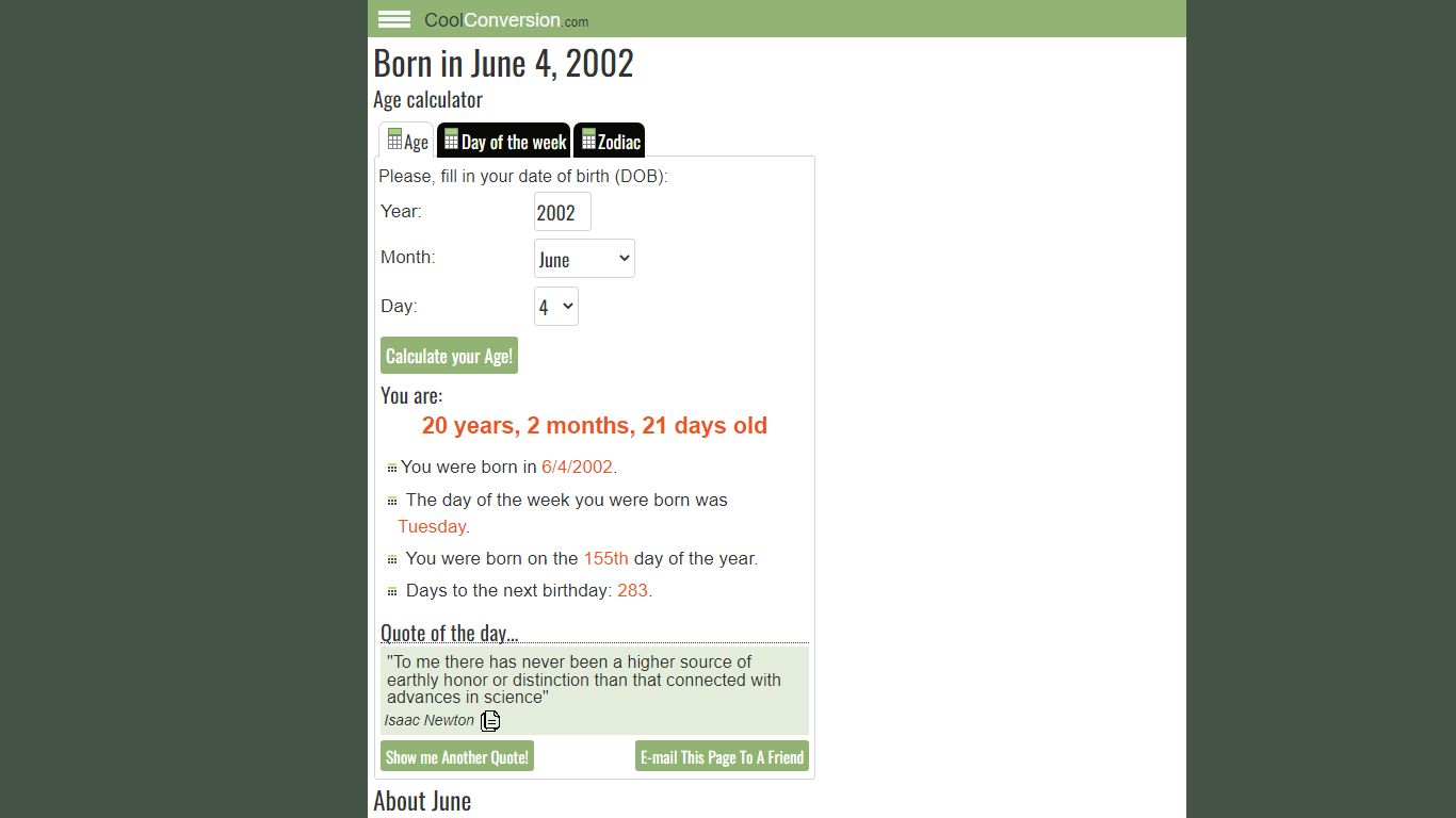 I was born in June 4, 2002 - Age Calculator - CoolConversion