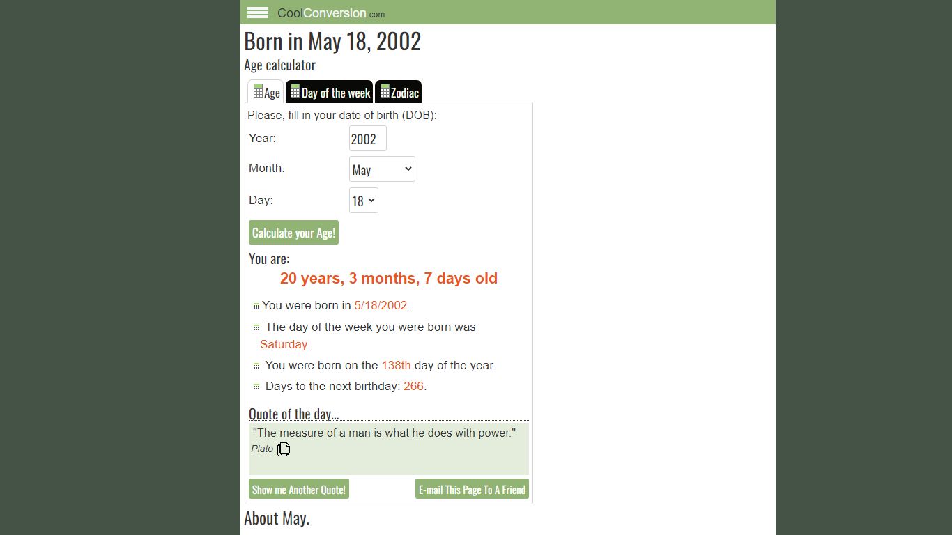 I was born in May 18, 2002 - Age Calculator