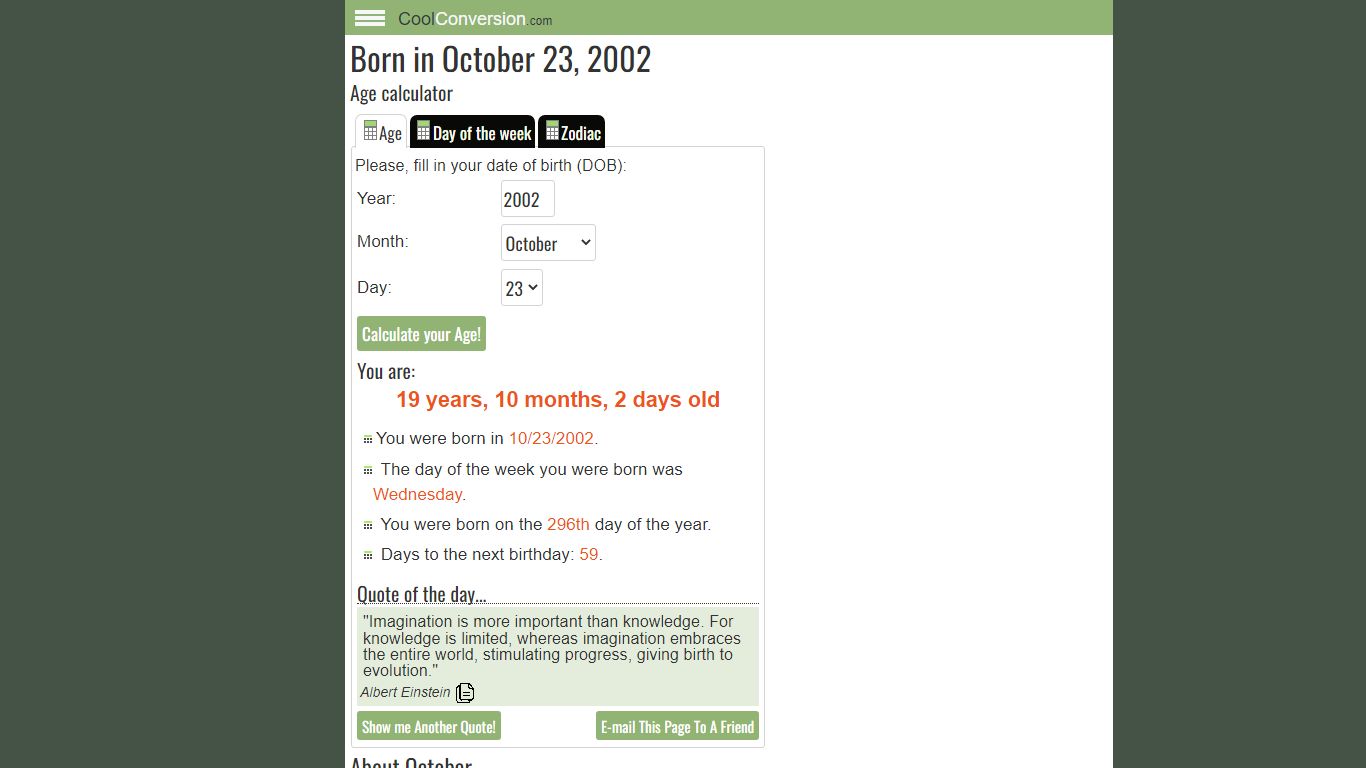 I was born in October 23, 2002 - Age Calculator