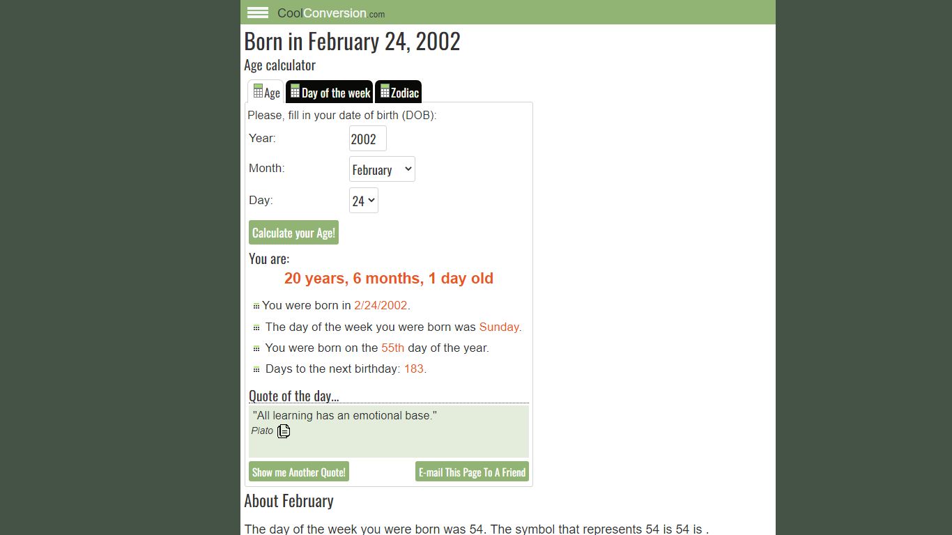 I was born in February 24, 2002 - Age Calculator - CoolConversion